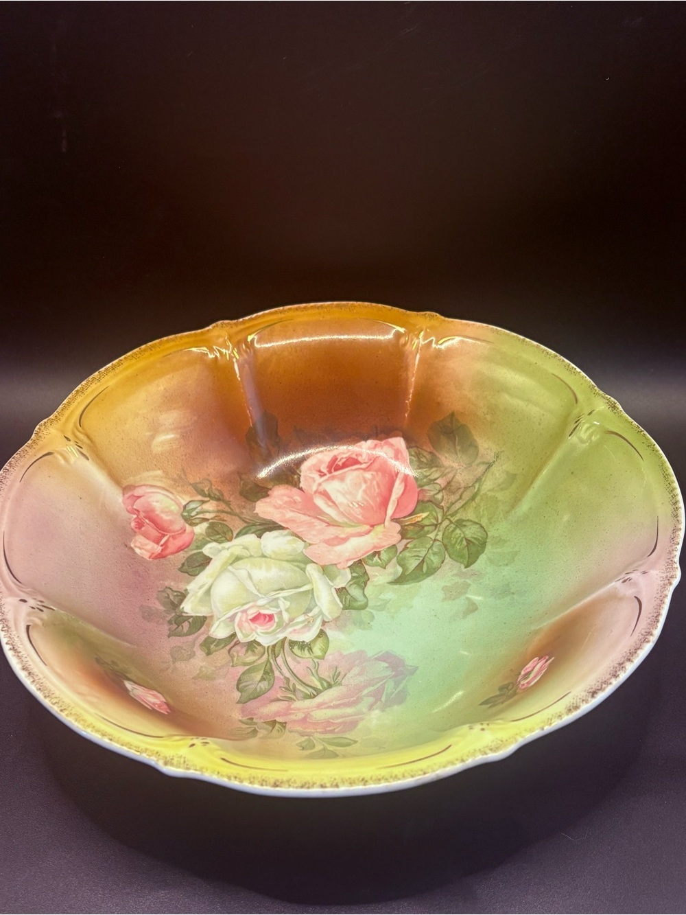 Vintage Germany Porcelain Rose Bowl 10” Pink Floral Scalloped Gold Trim